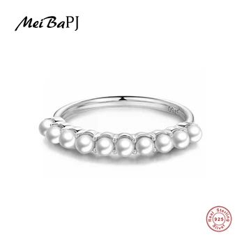 

[MeiBaPJ]Sweet Style Natural Freshwater Round Small Pearl Wedding Ring for Women White Color Female 925 Silver Ring Jewelry