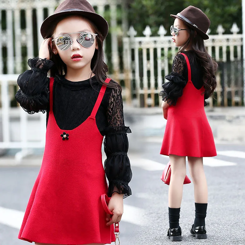 

Children 's Girls Student Lace T - Shirt-dress Children' s Two - Piece Suit Kids Clothing Sets Black Red