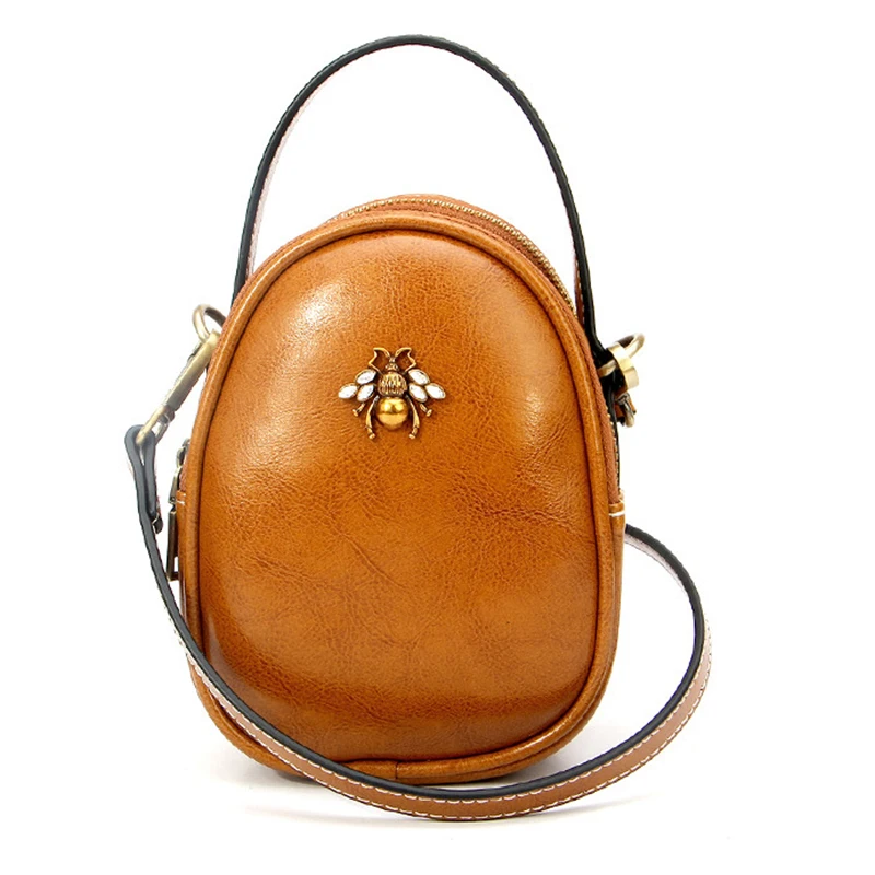 

Genuine Leather Women Top Handle Circular Bag Bee Pattern Tote Handbag High Quality Small Crossbody Shoulder Messenger Bags New