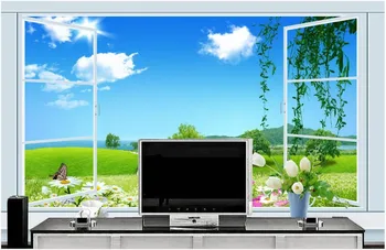 

Custom photo 3d wallpaper Non-woven mural Outside the window landscape grass blue sky 3d wall murals wallpaper for living room