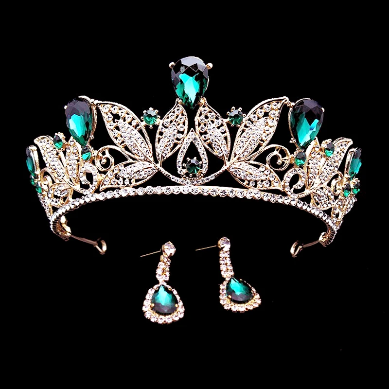 1 комплект, Зеленые хрустальные свадебные диадемы, головная повязка королевы, винтажная диадема, маскарадные Стразы в стиле барокко, Свадебные короны, аксессуары для волос невесты
