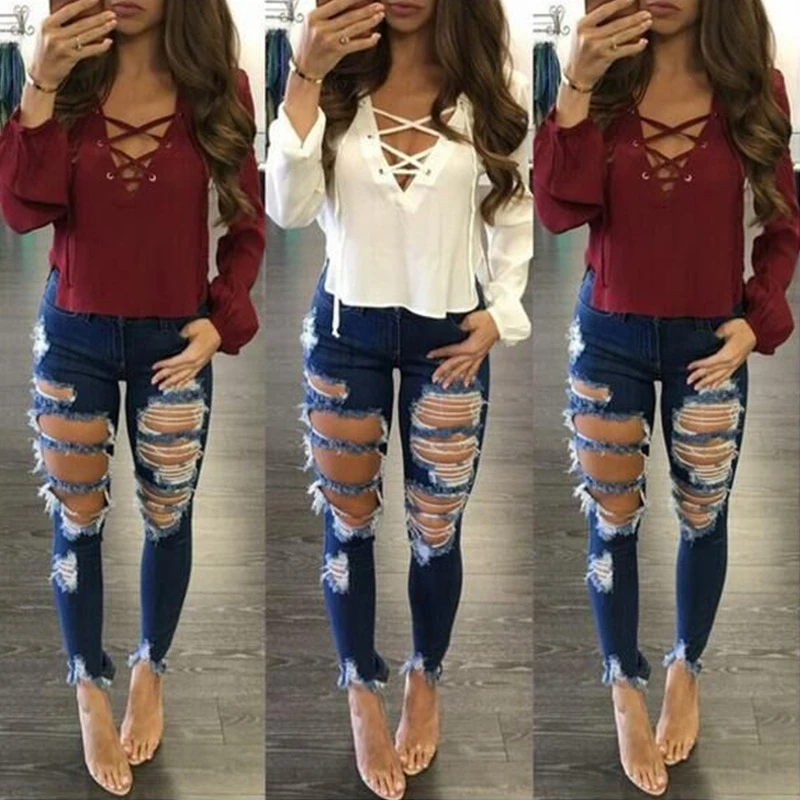 

Skinny Boyfriend hole ripped jeans women pants Cool denim Fashion straight jeans for girl Mid waist casual pants female Stretch