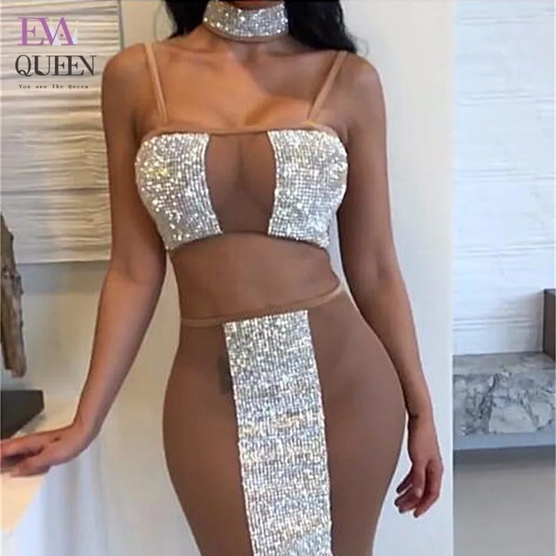 

Tobinoone 2018 Sexy Spaghetti Strap Crystal Diamonds Mesh Patchwork Mini Dress Stretchy Two Pieces Outfits Clubwear Vestidos