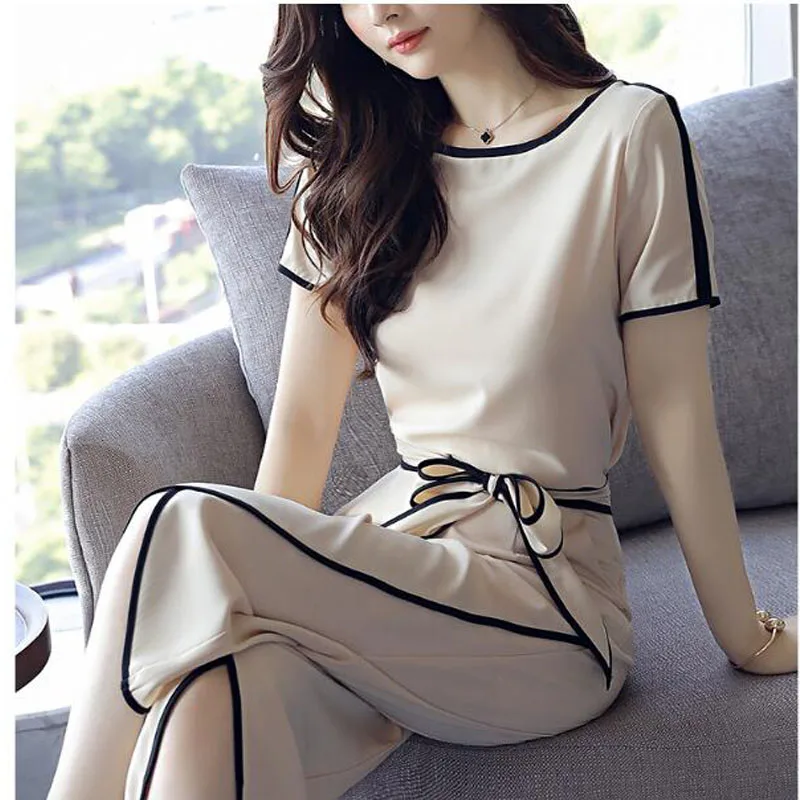 

Wide Leg Trousers Two Piece Set Top And Pants Palazzo Two Piece Set Summer Office Lady Tracksuit Women Survetement Femme 2 Piece