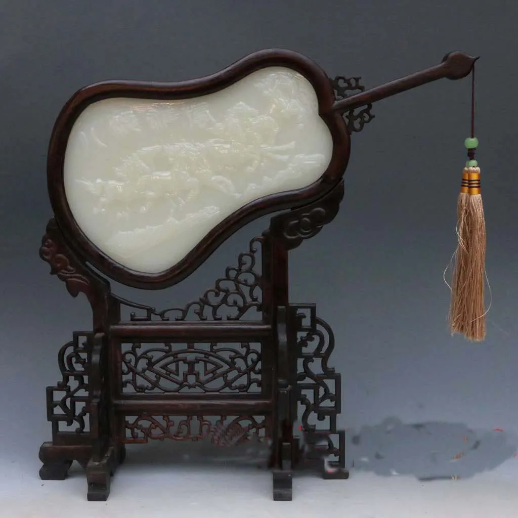 

Chinese Fan-shaped Wood Inlay Afghanistan Jade Carved Eight Horse Screen