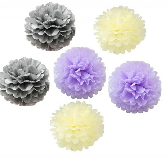 6pcs Mixed Purple Lavender Gray Cream Tissue Pom Poms Paper Flower