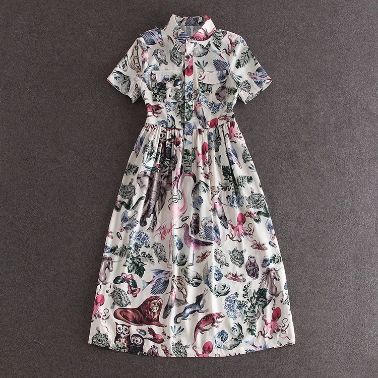 2015 Summer Style Fashion Leisure Short Sleeve Dress Lapel Printing Slim Dresses Q08 | Женская одежда