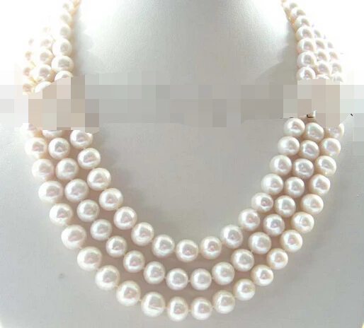 

Miss charm Jew1099 3rows Natural 10-11mm White Pearl Necklace Lapis clasp (A0513)