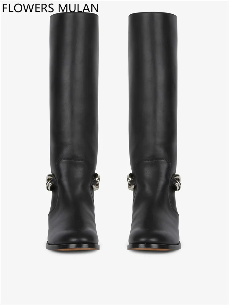 

Black Genuine Leather Boots Woman 2018 New Fashion Ankle Silver Chain Knee High Chunky Heel Spring Shoes Lady All Match Footwear