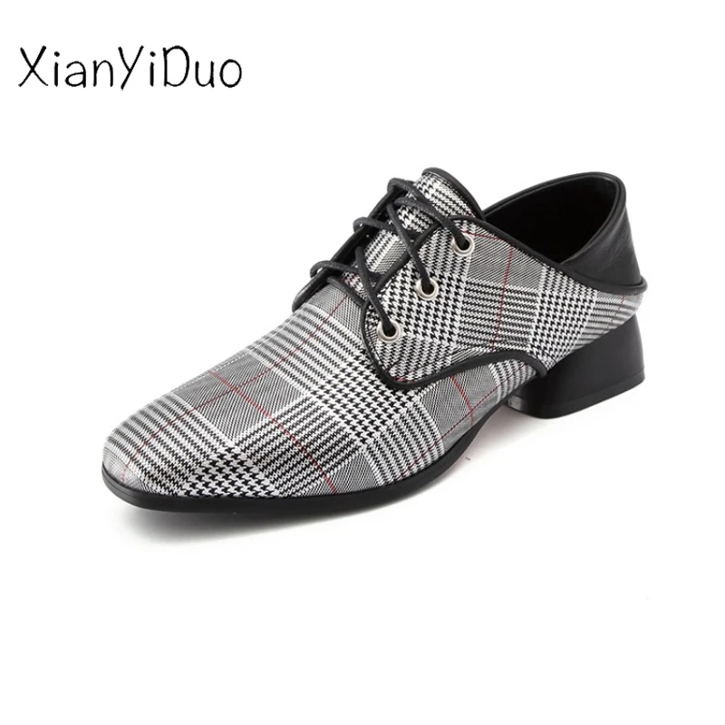 

Xianyiduo Leisure Spring/Autumn Women's Shoes Square Toe Med heels Pumps plus size34-48 Lace-Up ladies Colorblock/S-6