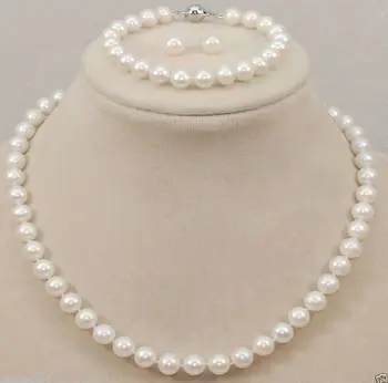 

8-9mm Genuine Natural Freshwater White Pearl Necklace Bracelet & Earring Set