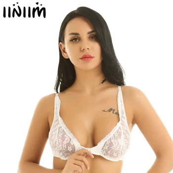 

Women Lingerie Adjustable Shoulder Straps Full Figure Front Close Underwear Sexy See Through Sheer Lace Wire-free No Padded Bra