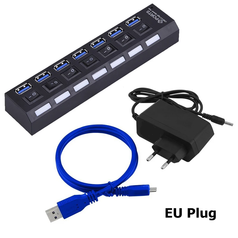 USB HUB 3,0 Супер скорость 5 Гбит/с 7 портов USB 3,0 usb-хаб с переключателем включения/выключения Platooninsert для компьютера ноутбука периферийные устройства - Цвет: Black and EU Adapter