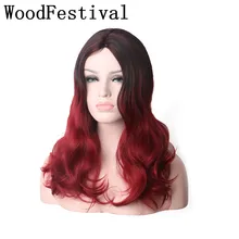 WoodFestival 20 inch Medium Length Heat Resistant Black to Burgundy Wavy Synthetic Wig Ombre Cosplay Wigs for Women