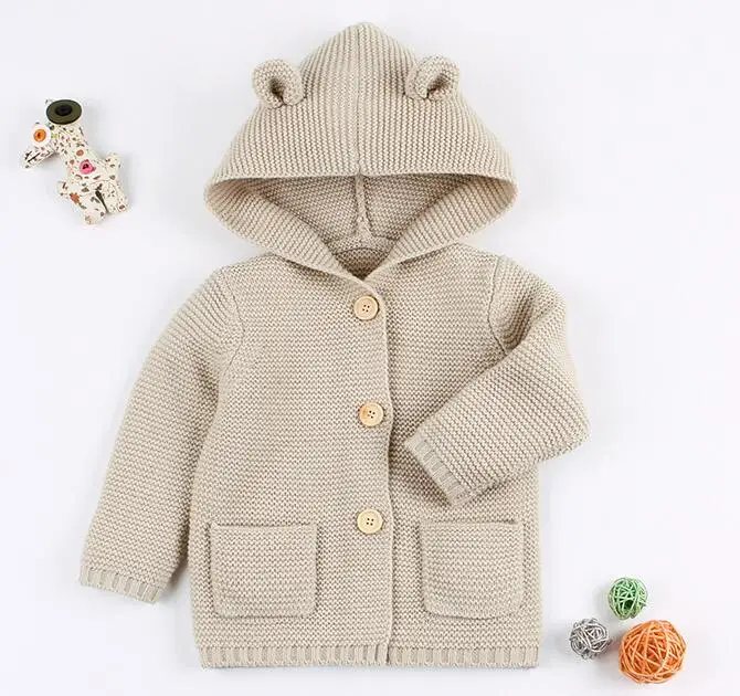 Beige Свитера для маленьких мальчиков кардиганы для новорожденных девочек с изображением медведя из мультфильма акриловые трикотажные пальто унисекс детские куртки без рукавов с капюшоном - Цвет: Beige