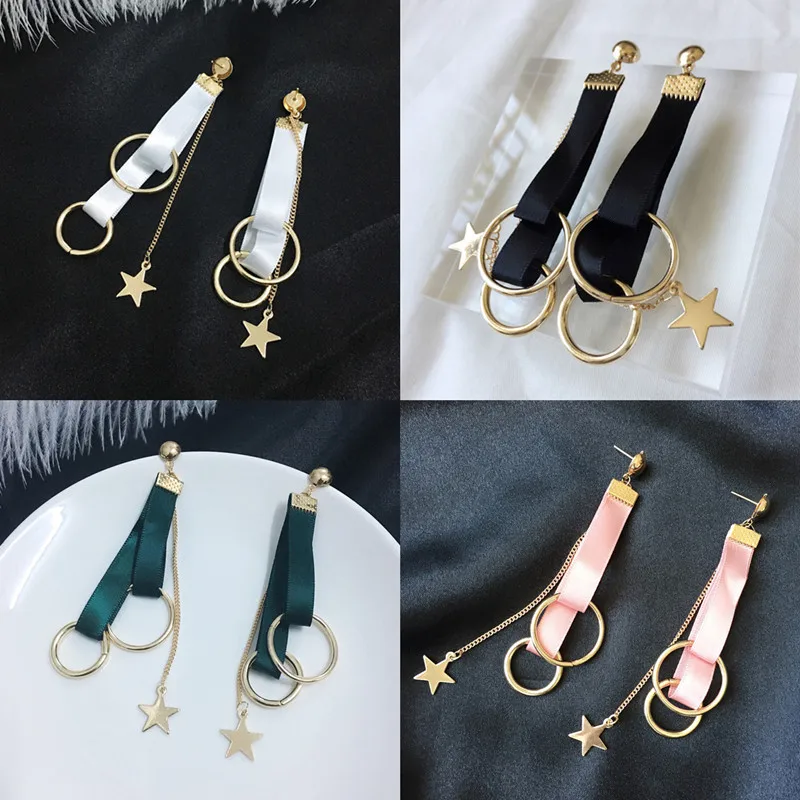 

2019 Korean Simple Fashion Colourful Ribbon Earrings For Women Exaggeration Metal Circle Star Tassel Long Earrings Jewelry Gifts