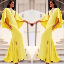 Perlen High Neck Mermaid Abendkleid mit Cape Arabisch Stil Gelb Kaftan Lange Formale Kleid robe de soiree