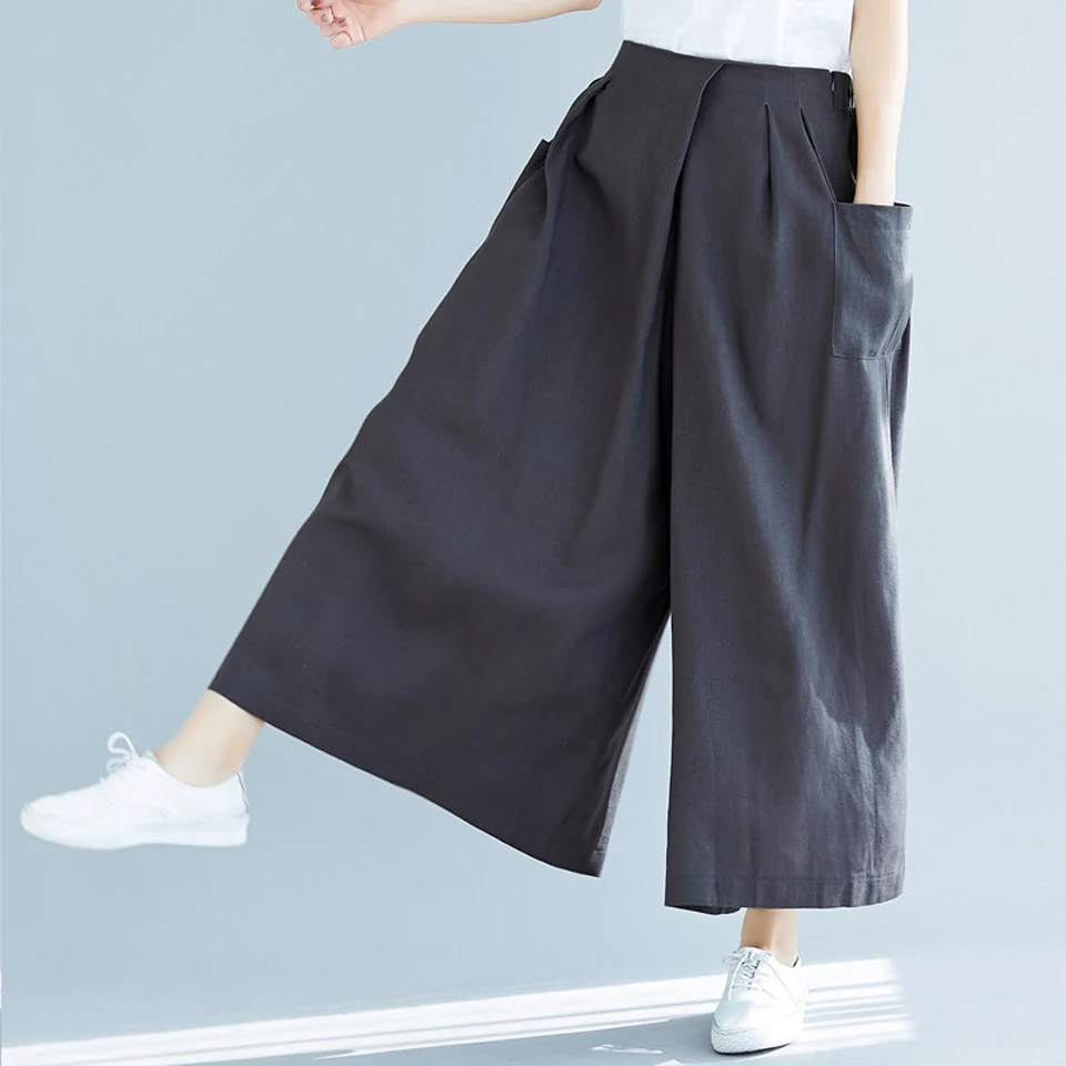 Wide leg pants women's 2019 autumn cotton and linen elastic waist pockets irregular pants legs loose large size culottes female