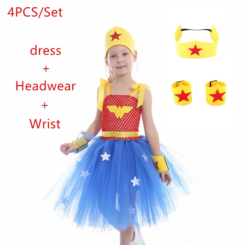 

4pcs Wonder Woman Girl Tutu Dress cosplay Super Girls Superhero Hero cute Birthday Party Dresses Halloween Costume Carnival Kids