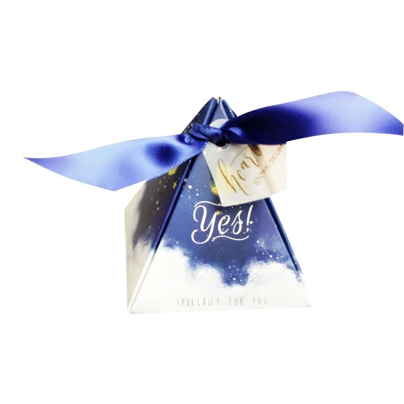 50 шт. новая треугольная пирамида Луна Звезда небо конфеты коробка с синий/серый ленточка на свадебные подарки аксессуары для вечеринки подарок коробка