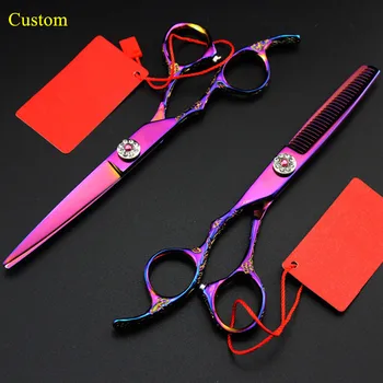 

Custom new professional Left handed 6 inch Plum hair scissors thinning makas haircut shears cutting barber hairdressing scissors