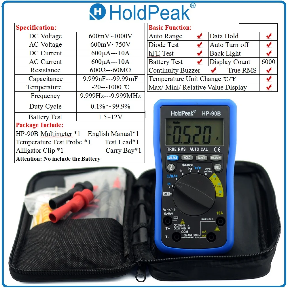 HoldPeak HP-90B True RMS Автоматический диапазон Multimerto Цифровой мультиметр Макс/мин значение с зажимом аллигатора и сумка для переноски