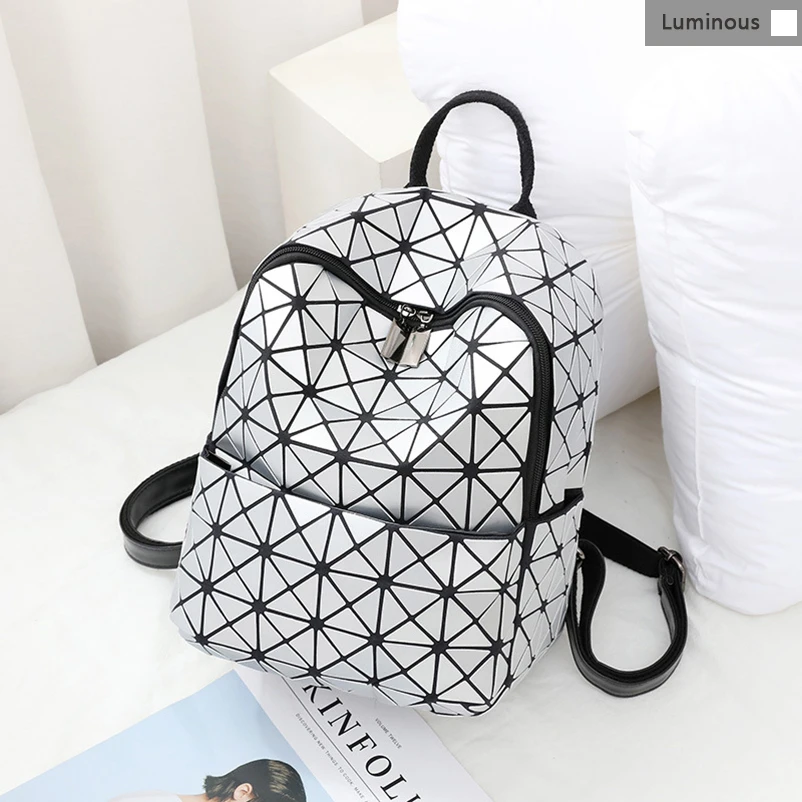 Nevenka Luminous Backpack Women Leather Geometric Backpacks Diamond Lattice Drawstring Backpacks Holographic Backpack Purse 201807