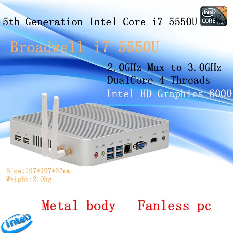 HRF 5th Gen i7 5500U 5550U CPU Fanless HTPC Micro PC Small Size htpc Graphics HD6000