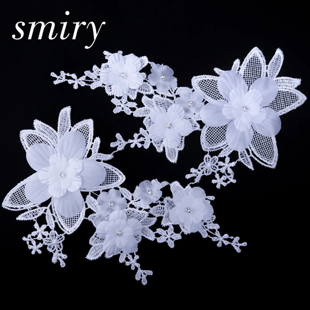 Smiry 1 Pair Rhinestones lace Appliques 3D Flower Crystal Wedding Lace
