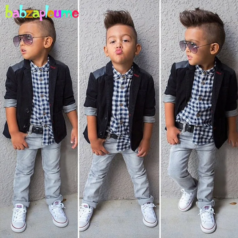 3Piece Spring Fall Baby Boy Outfit Set Toddler Clothes Fashion Plaid Casual  Black Coat+Shirt+Jeans Boutique Kid Clothing BC1107 - AliExpress