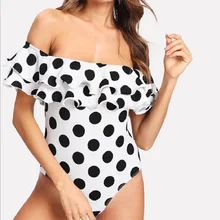 2019 New Off shoulder One-piece Ruffled Swimsuit Wave Point Bikini Sexy Up Padded Tighten Bandeau Black white Dot Swimwear Women blue wave point pattern one piece swimsuit