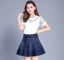 Denim skirt spring and summer 2017 new female high waist Slim a word umbrella skirt