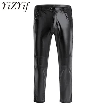 

YiZYiF 2018 Men's Shiny PU Leather Skinny Pants Black Hip Hop Nightclub Slim Fit Straight Leg Metallic Biker Trousers