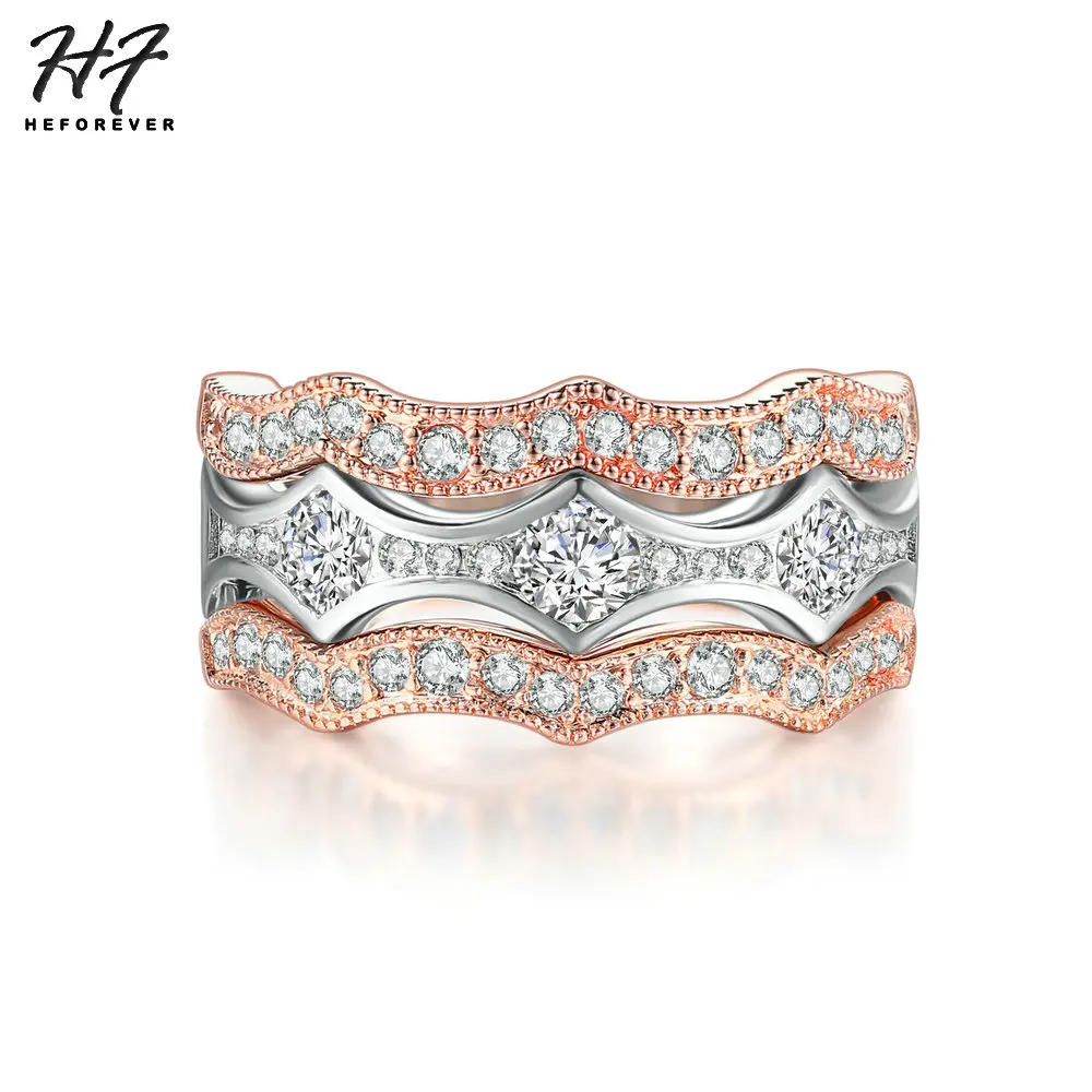 

Delicate Wave Shaped 3 Rounds Rings Set for Women White Rose Gold Color Zirconia Flexible collocation Fashion Jewelry Xmas YG064
