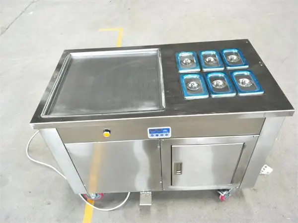

1 square pan with 6 cooling tanks fry fried rolls ice cream machine by plane to airport 1600USD