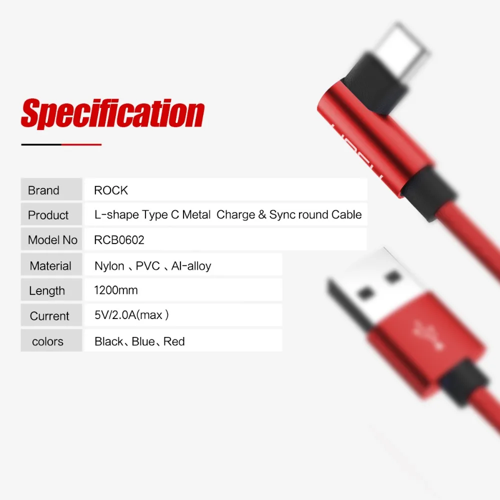 ROCK l-образный usb type-C кабель, зарядный кабель для Galaxy Note 8 S8 Plus Xiaomi 6 Mi5 huawei P10 P9 из нейлоновой оплетки