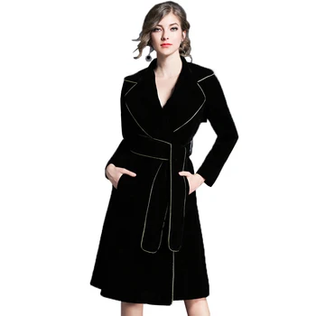 

2018 New Autumn Winter Velvet Coat Women Fashion OL style Black V neck Big Collar Tie Slim Pleuche Long Jacket Belt Coat Outwear