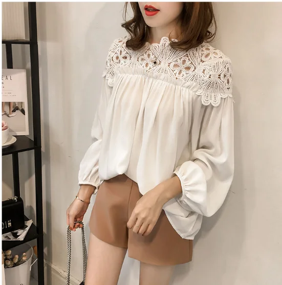 

Mr.nut hook flower hollow lace stitching spring and autumn new Korean fashion loose thin long-sleeved chiffon shirt