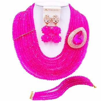 

Fuchsia Pink African Beads Crystal Beaded Jewelry Set For Nigerian Wedding AL014