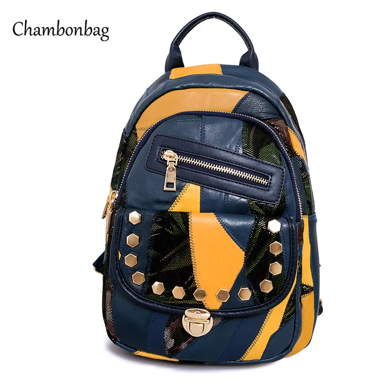 Fashion Genuine Leather Blue Yellow Women Backpack Cute Backpacks for Teenage Young Girls Black
