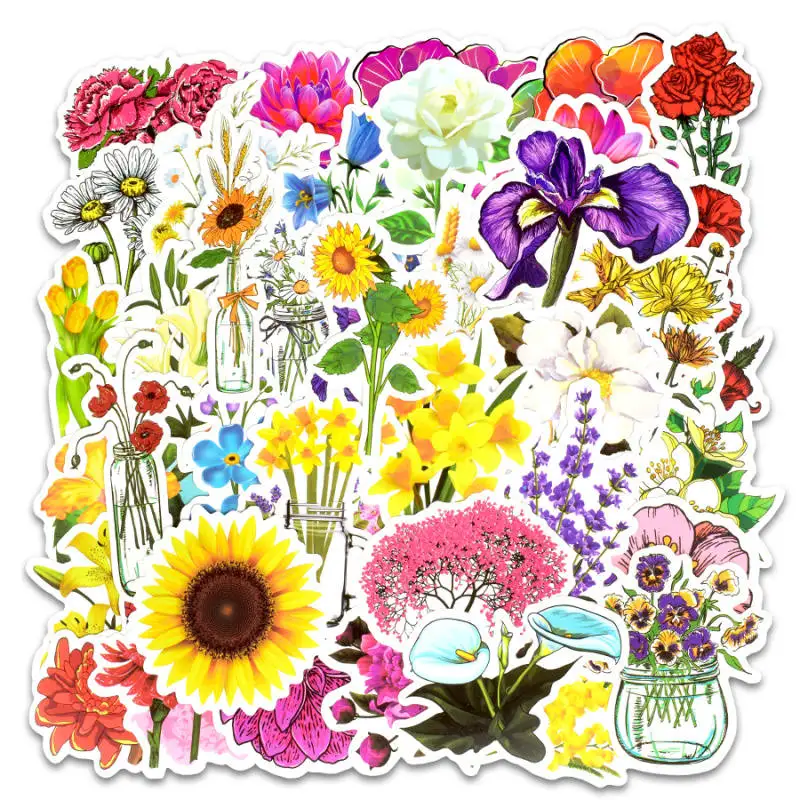 50pcs spring flower stickers vinyl laptop skin plant floral sticker refrigerator suitcase sticker for MacBook Air Pro Retina/HP