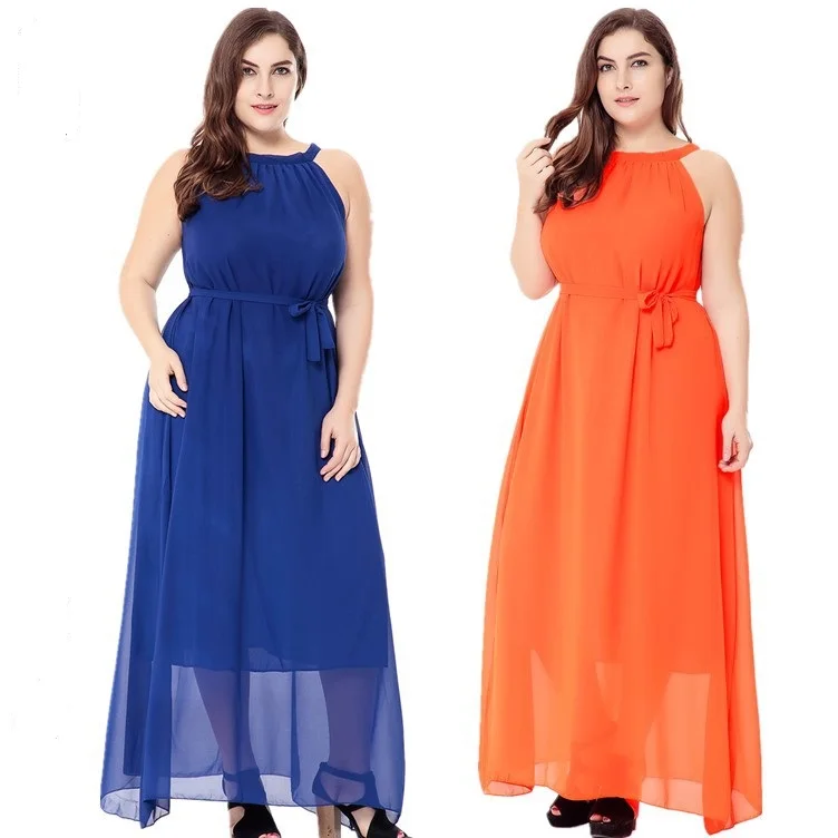 

Plus size M-6XL solid color women sleeveless Bohemian long dress summer womens chiffon long beach dresses black/blue/orange