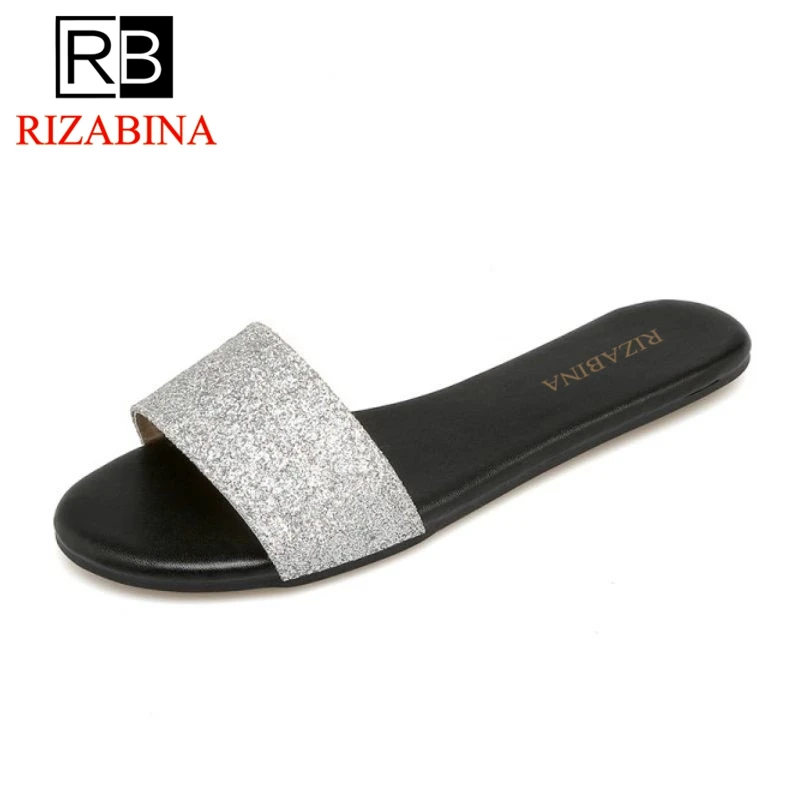 

RizaBina Simple Women Flats Sandals Metal Color Open Toe Flats Slippers Summer Vacation Beach Shoes Women Footwear Size 32-40