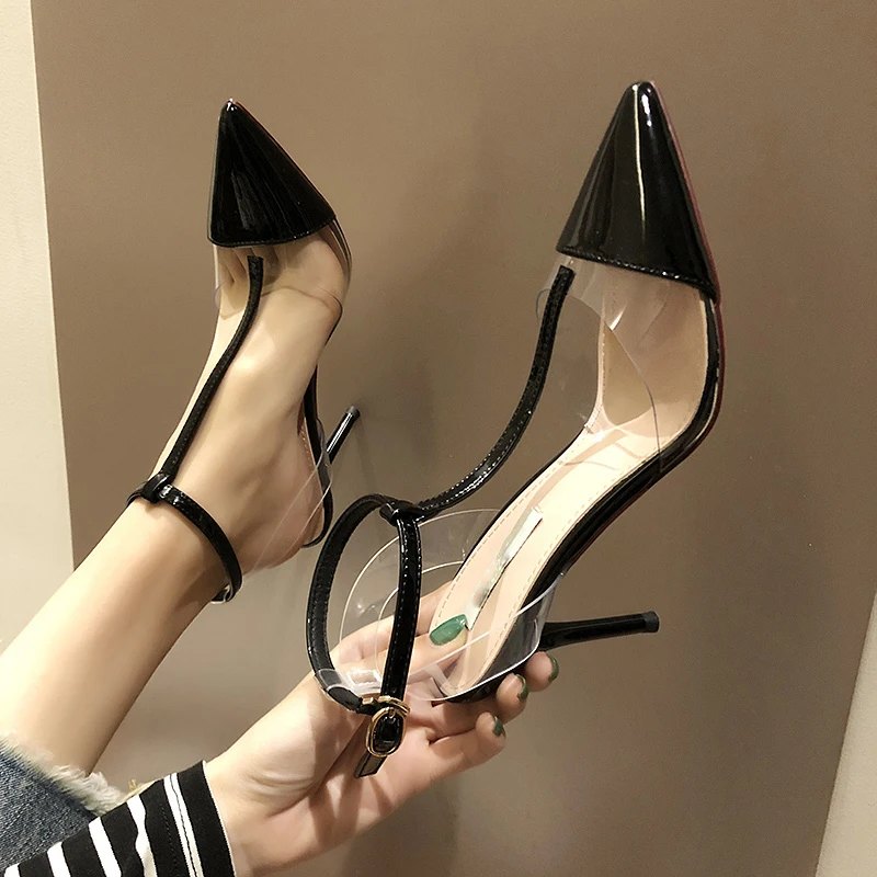 

Rimocy sexy ladies pointed toe black pvc transparent pumps 2019 spring summer fashion t-strap stiletto high heels sandals shoes