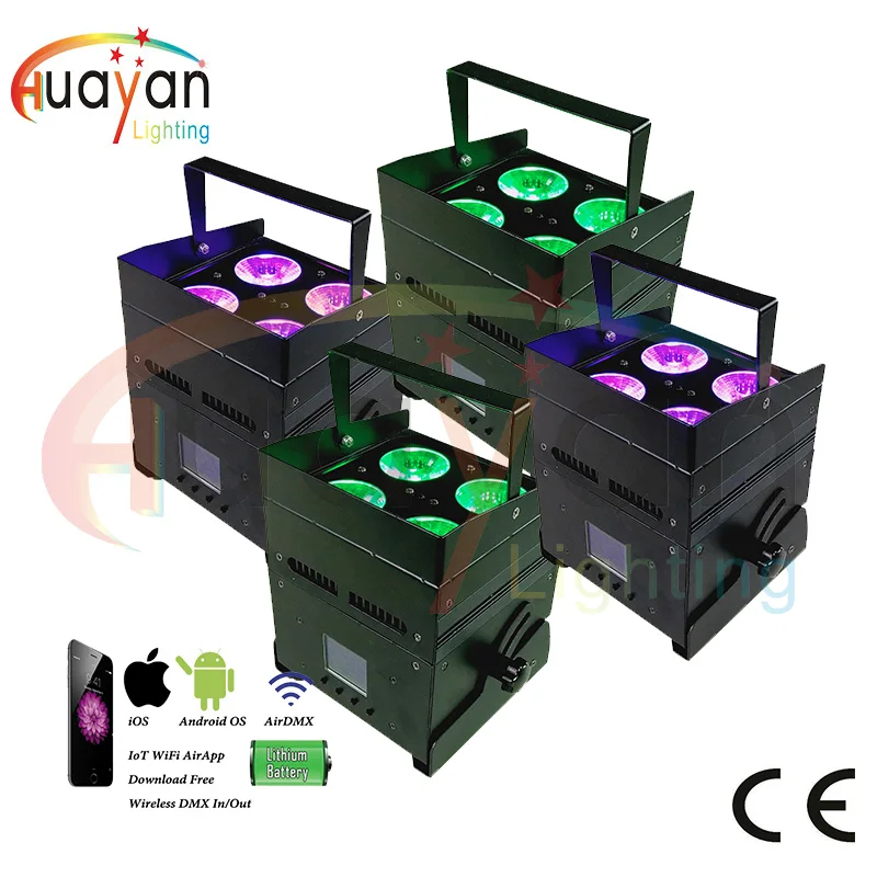 

4PCS/PACK Indoor led uplights wireless 4*12W RGBAW UV 6in1 Wireless DMX Control Battery Operated LED Flat Par Wedding Event