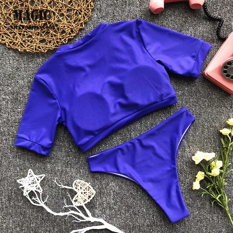 Спортивная серия бикини, Одноцветный синий купальник из двух частей, женский купальник с высокой талией и коротким рукавом, купальный костюм с пуш-ап, одежда для йоги