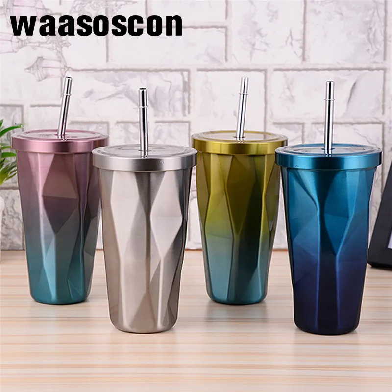 

Creative Coffee Mug With Straw 500ml Fashion Portable Double Wall Stainless Steel Travel Tea Coffee Mug With Lid Straw As Gift
