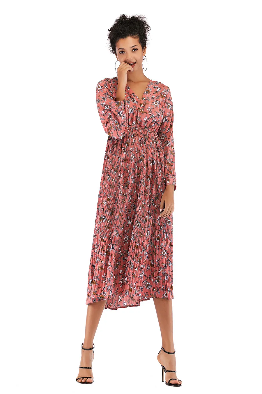 Gladiolus Hot 2018 Autumn Dress Women Long Sleeve V-Neck Sexy Floral Print Tunic Loose Midi Chiffon Dress Women Beach Sundress (29)