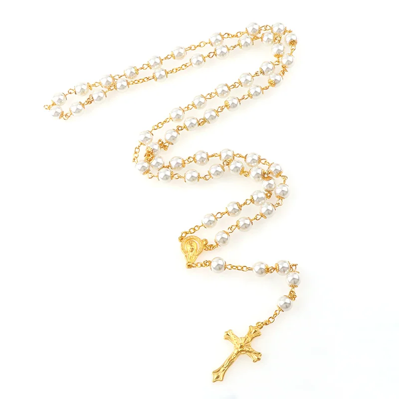 8 мм католическое золотое ожерелье с белым жемчугом четки для детского причастия крещение для религиозного золотого Креста Девы Марии центр