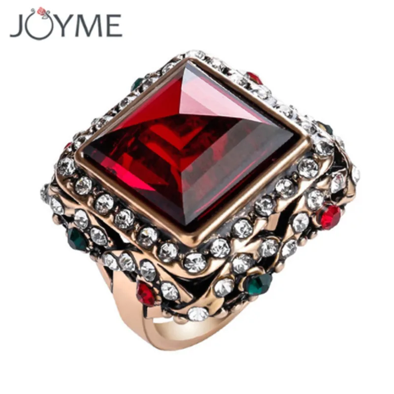 

Fashion Turkish Jewelry Vintage Cut Engagement Rings Gem Stone Square Mosaic Multicolour Crystal Antique Gold Rings For Women